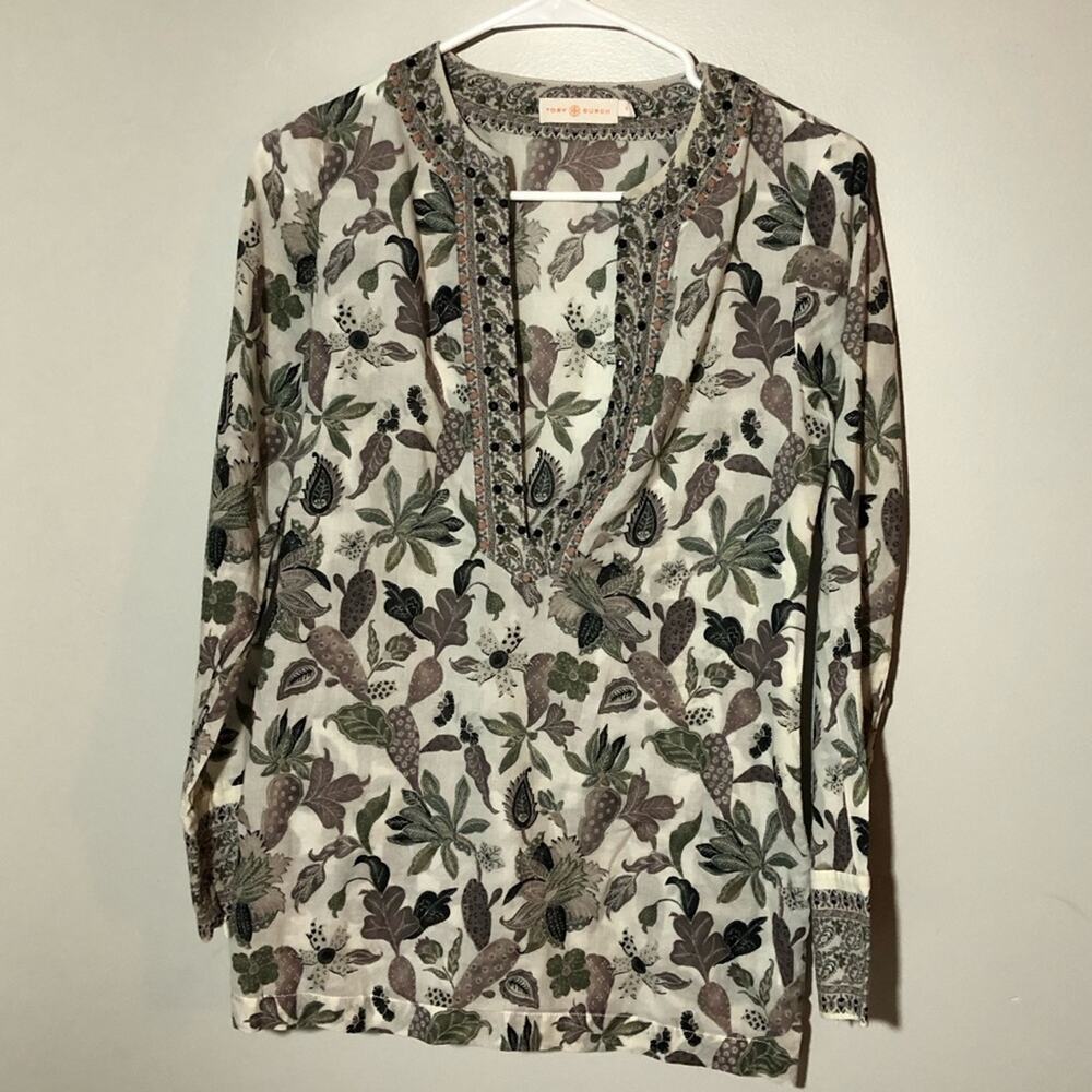 Tory Burch embellished botanical print v neck long sleeve womens tunic top S